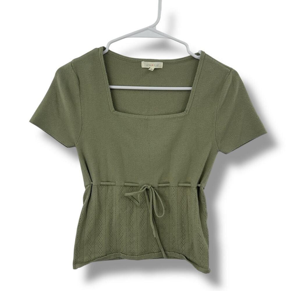 Ultra Flirt Sage Green Knit Top Large Babydoll Empire Waist Square Neck Y2K EUC